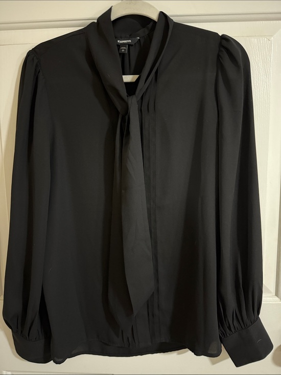 Express Tops - Express Black Tie-Neck Puff-Sleeve Blouse
